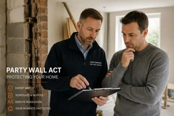 Party wall surveyor West Sussex discussing extension plans with homeowner outside a UK semi-detached house.